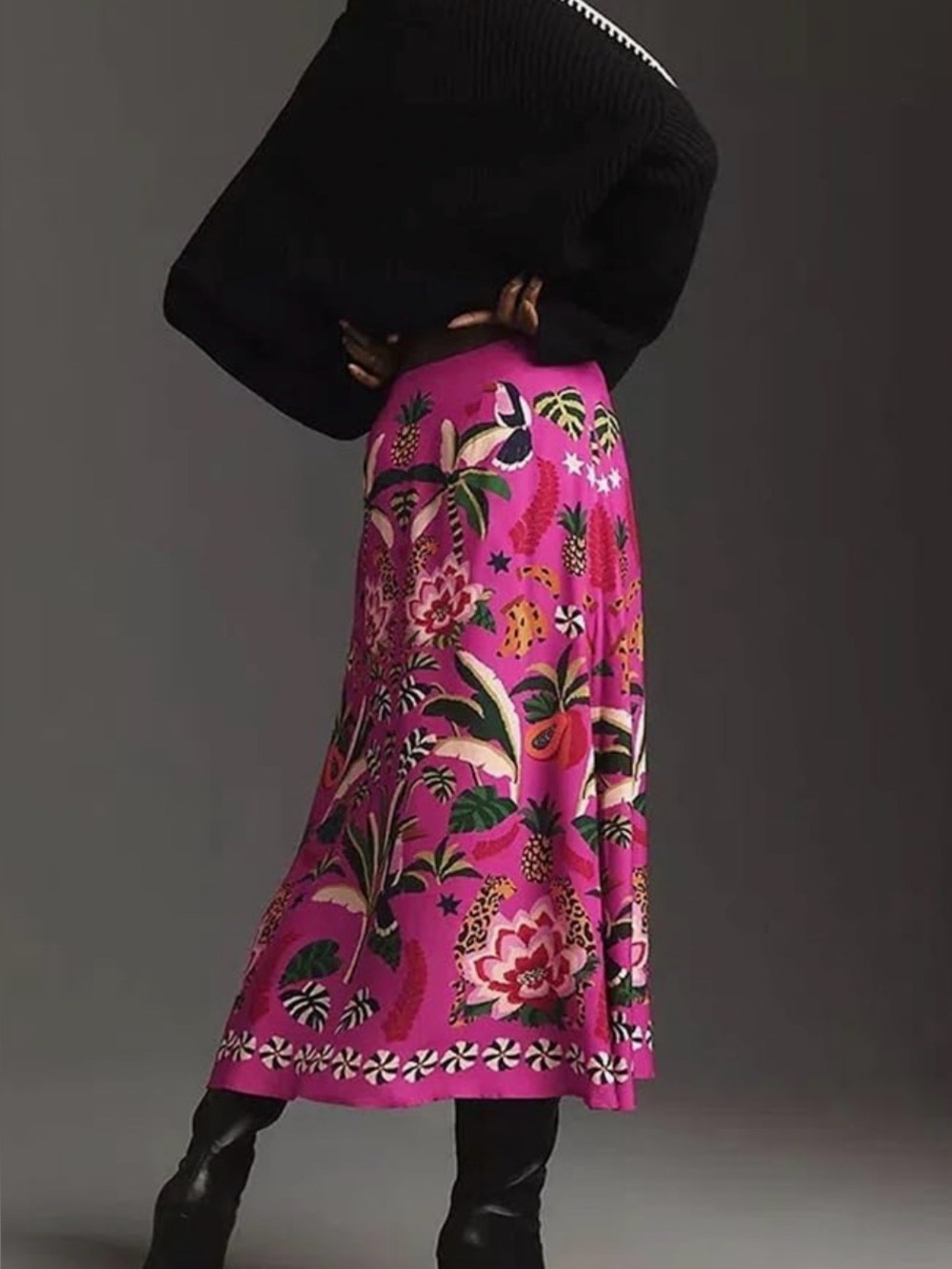 Bright Pink Botanical Print Midi Skirt